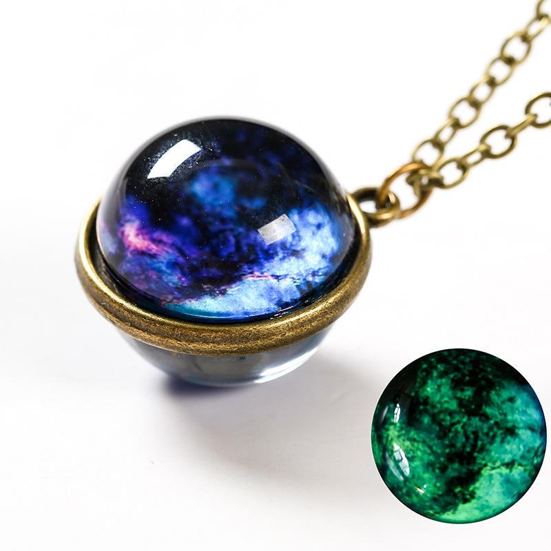 Earth Moon Planet Glass Ball Noctilucent Pendant Necklace Double-sided Luminescent Galaxy Nebula Cosmic Choker Jewelry for Women