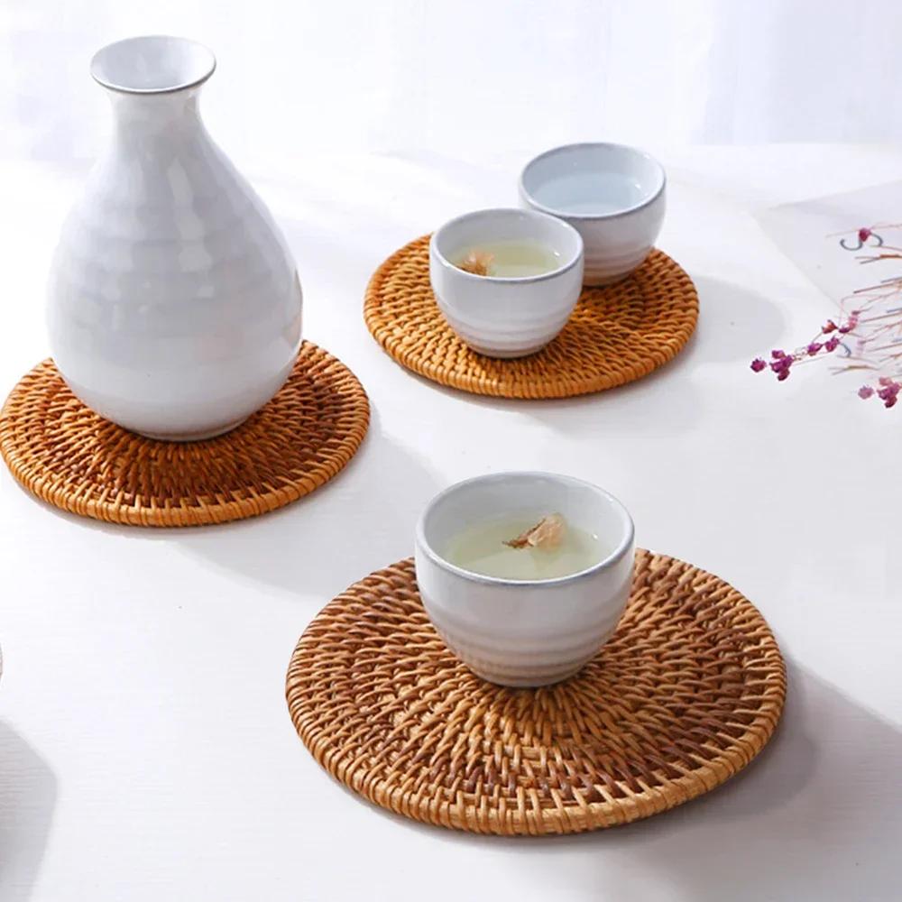 Natural Rattan Woven Placemat Round Table Mat Insulation Coasters Pot Coffee Placemats Pad Anti-Slip Table Mats Handicraft