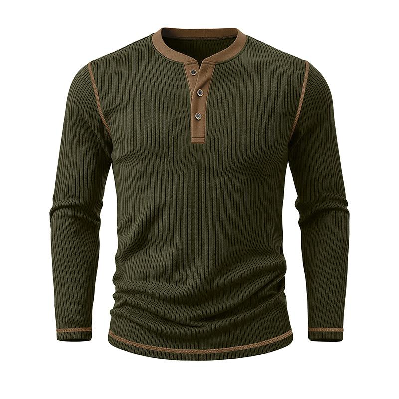 Men's Henry Neck Knit Long Sleeve T-Shirts Color Block Ribbed Casual Slim Fit Pullover Tops Autumn Winter Thermal Undershirts Men