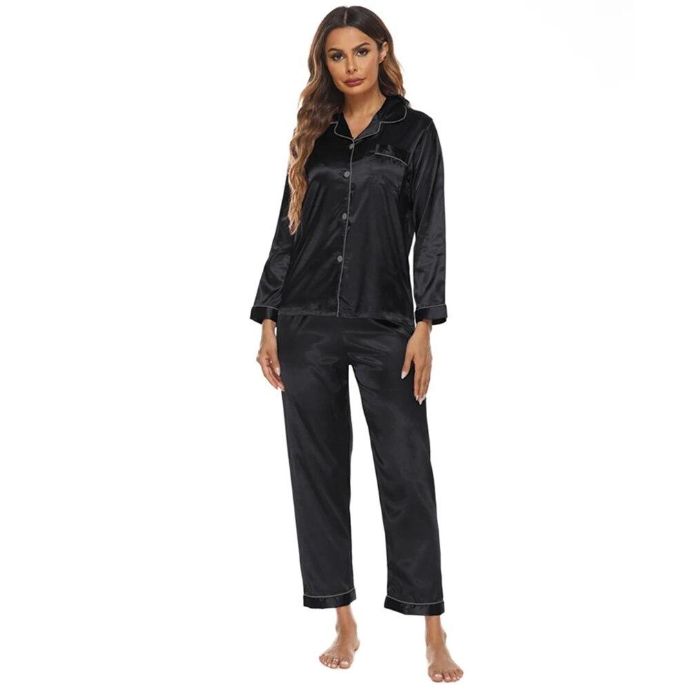 Kvinners silke sateng pyjamas sett med knapper Natttøy Loungewear Langermet pyjamas for kvinner Nattkjole