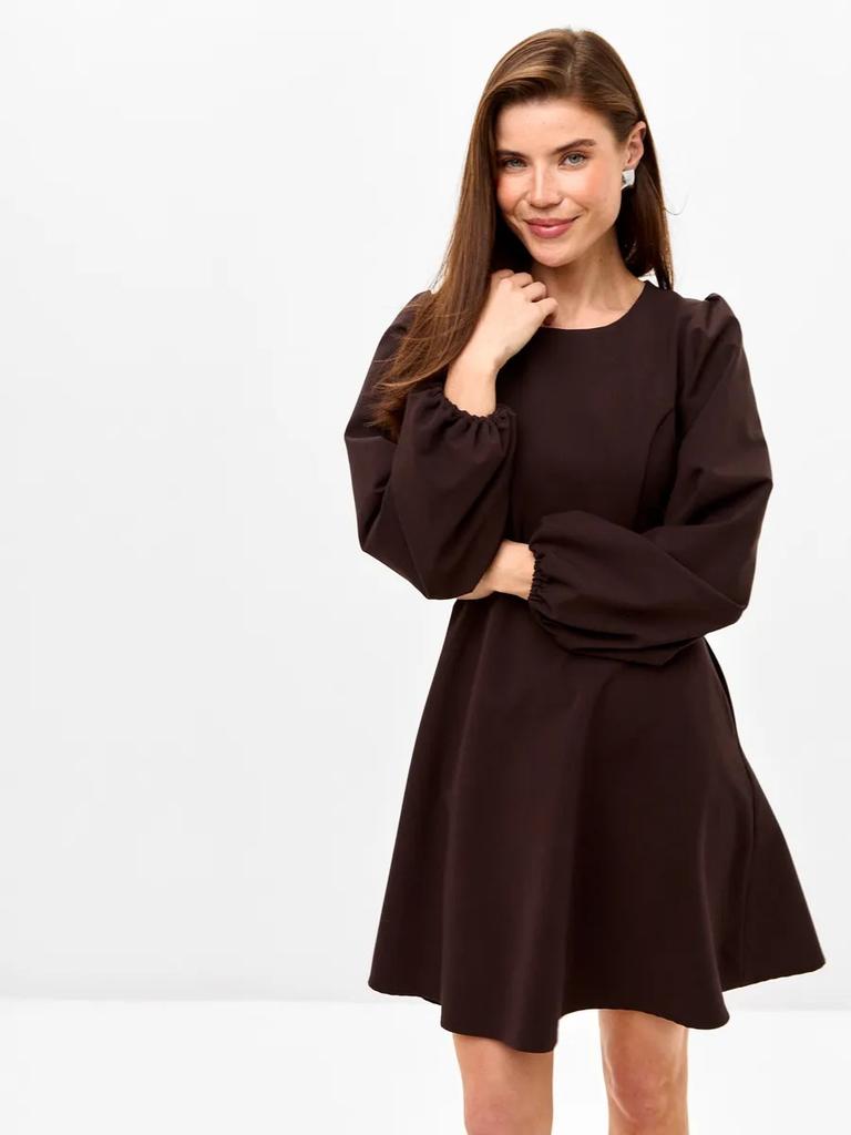 women's solid round neck puff long sleeve high waist a line mini dress with side pockets office casual swing gown