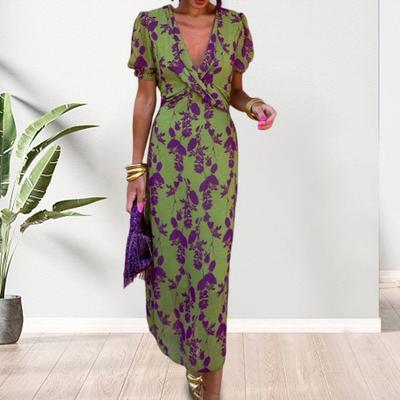 Yaz Kadın Elbise Derin V Yaka Renk Bloklu Çiçek Baskılı Kısa Kollu Slim Fit Midi Boy İş Seyahati Mezuniyet Balosu Randevu Midi Elbise