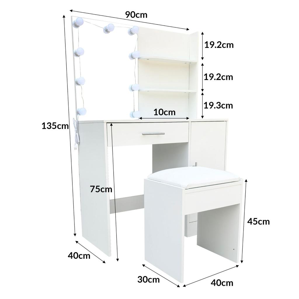 Tocador con Espejo e Iluminacion LED Nyana Home | Estantes Cajón y Taburete Acolchado | 3 modos de luz ajustable