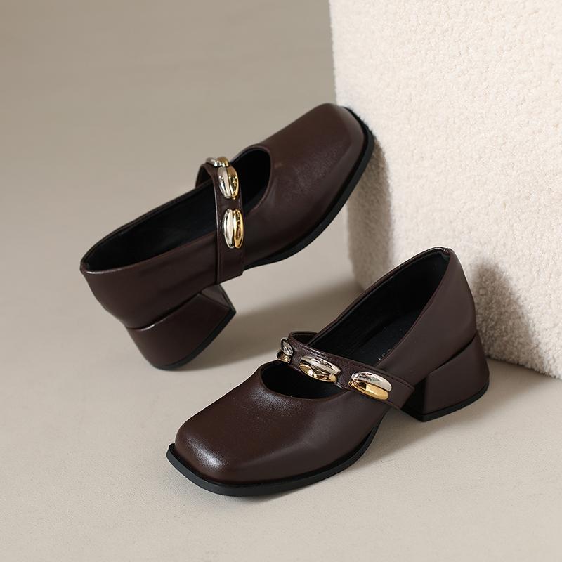 

Fashion Single Shoes Autumn New Square Toe Shallow Mouth Metal Buckle Strap Soft Sole Non-slip Block Heel Shoes 40 темно-коричневого кольору
