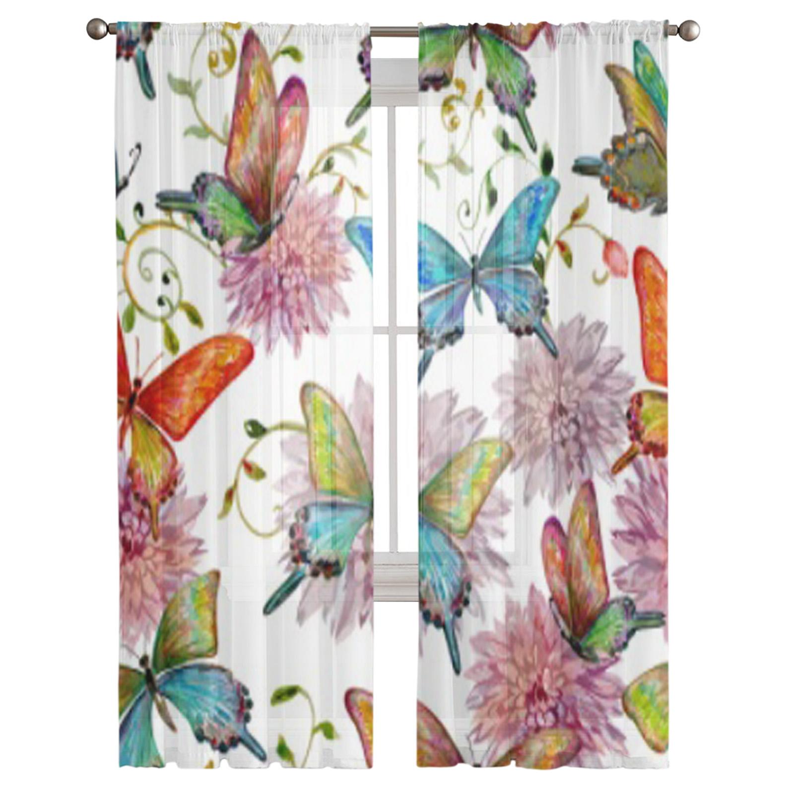 Ретро красочные шифоновые прозрачные шторы с бабочками и цветами для гостиной — фото 3