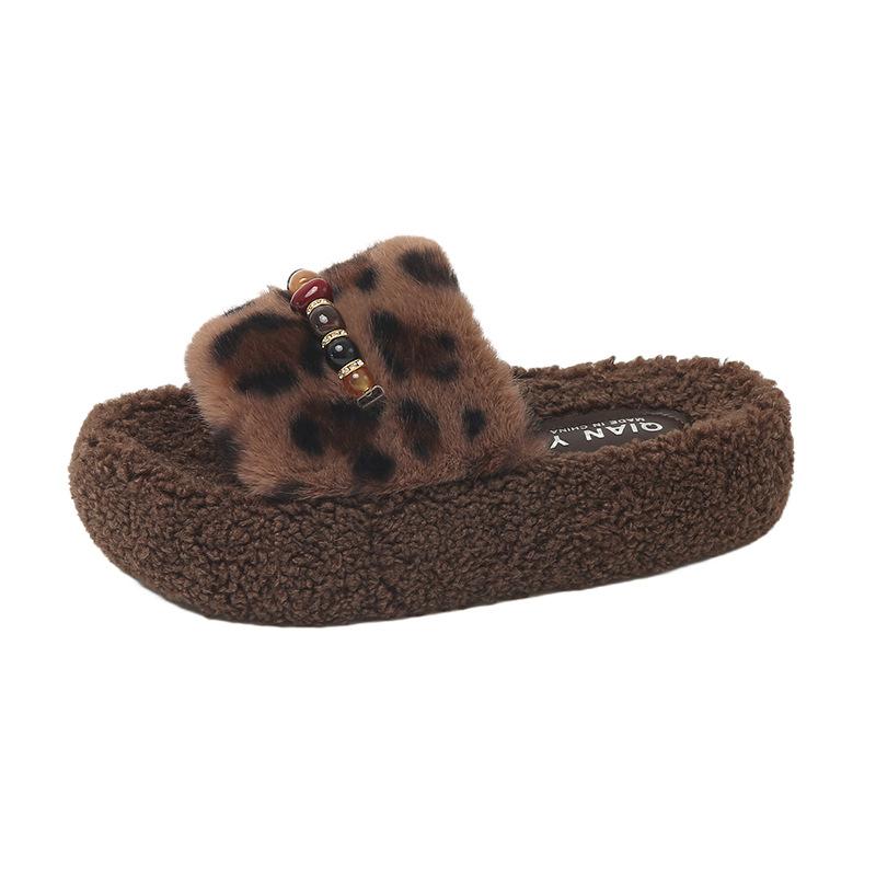 Beaded thick-bottomed fluffy slippers for women's outer wear 2025 autumn and winter new urban style leisure home warmth one-word cotton mop