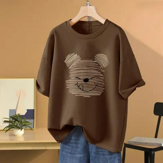 Women's Summer Loose Fit Cartoon Bear T-Shirt - Mid-Length, Round Neck, Short Sleeve, Versatile, Trendy Casual Style.