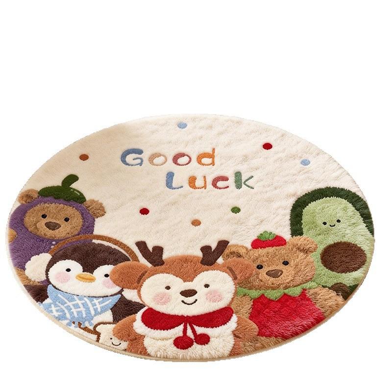 Round Plush Area Rug Bedroom Living Room Kids Play Zone Soft Faux Wool Floor Mat Cartoon Animal Print