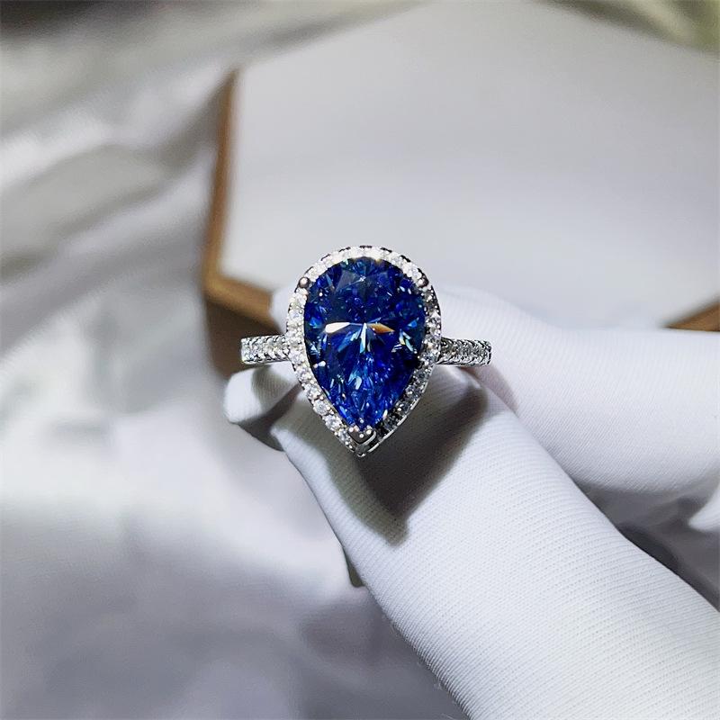 5 Carat Blue Water Drop Moissanite Women's Pear Shape Diamond Ring - Stylish European & American Fashion Bestseller.