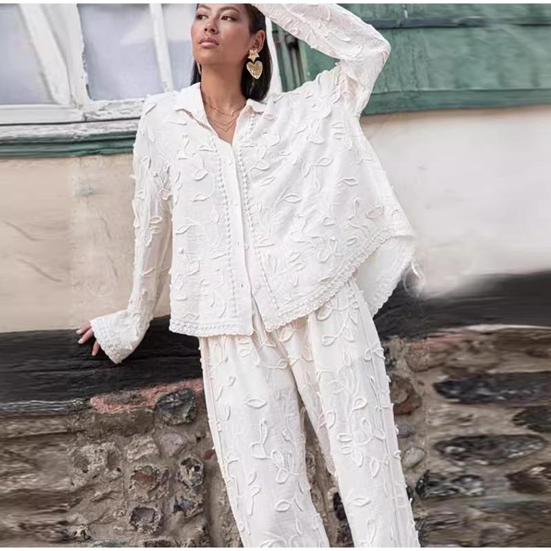 Camicia Pantaloni Tuta Donna Larga Monopetto Manica Lunga Top Gamba Larga Pantaloni Donna Tuta Estiva Set