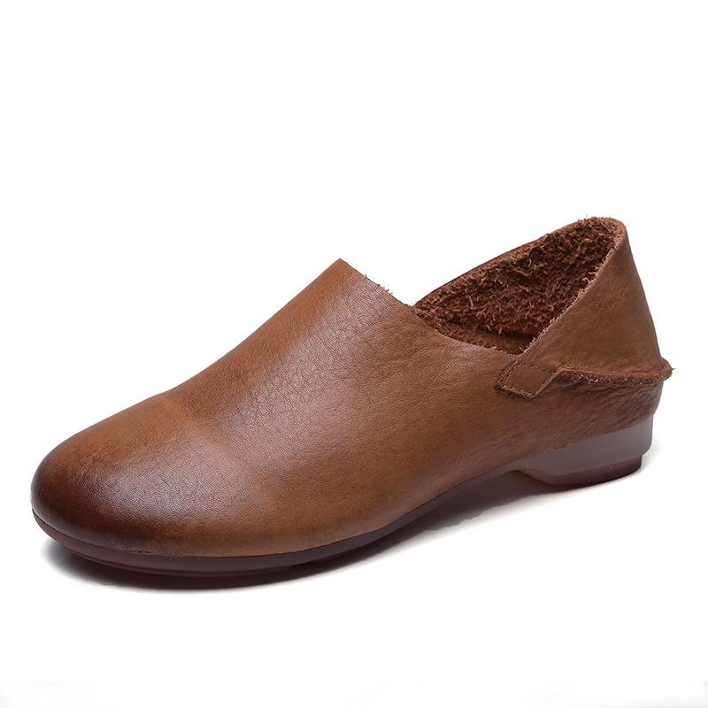Johnature Genuine Leather Loafers Round Toe Soft Soled Versatile Soft Cowhide Women's Low Heeled Leisure Shoes