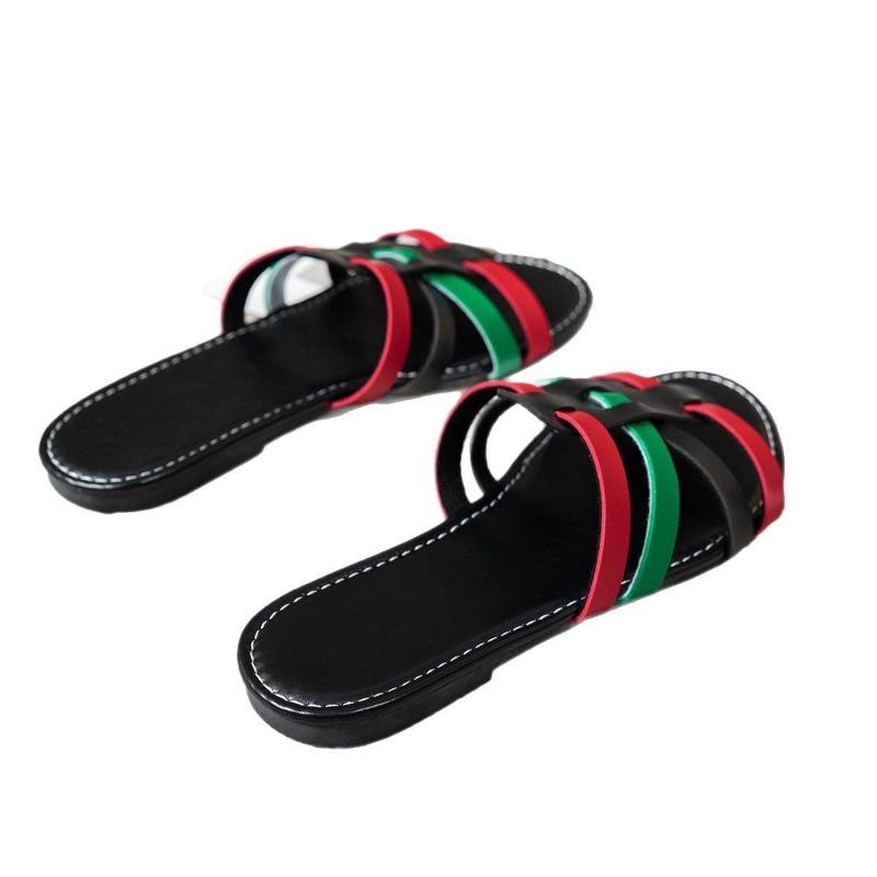 Woven Large Size Colored Thin Strap Flat-bottomed Slippers Women's Summer New Fashion Foot Slippers Fish Mouth Slippers