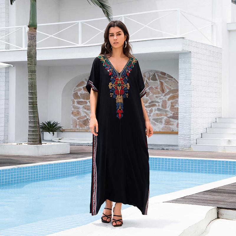 European-American Cotton Embroidery Plus Size Beach Cover-Up Dress