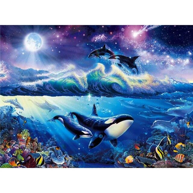 Animal Dolphins with Fish 5D Diy Diamond Painting Full Round Drill Mosaic Diamond Embroidery Rhinestones Home Decoration