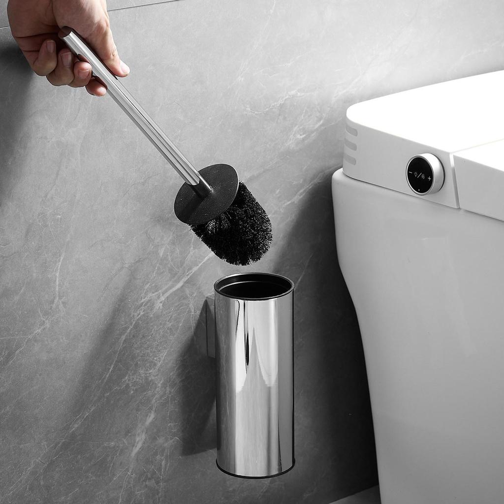 Wall-Mounted 304 Stainless Steel Toilet Brush Holder & Floor Suction Cup Cleaning Set