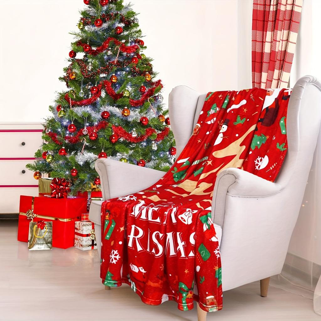 Red Merry Christmas Tree Flannel Throw Blanket, Santa Snowman Gift Print Soft Cozy Blanket for Sofa Bed Winter Xmas Home Decor Gift