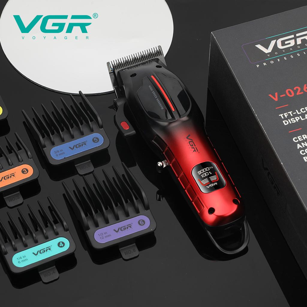 New VGR High-end Professional Hair Clipper Gradient Metal Body Oil Head Clipper Hair Trimmer 9000 RPM LCD Digital Display Electric Push Shear V-026