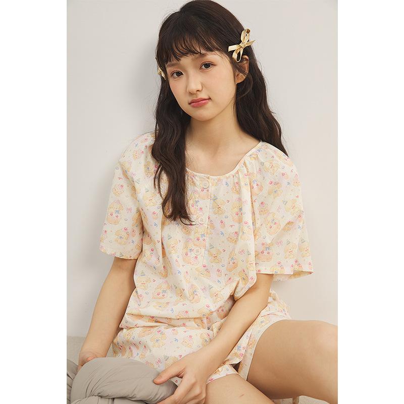 Jiangnan He 11-year summer pure cotton cartoon short-sleeved shorts set women's loungewear pajamas two-piece set
