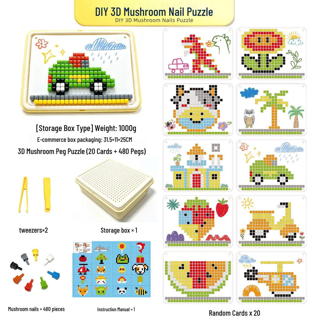 3D Insertable Mushroom Pegs: Children's Creative DIY Puzzle for Concentration and Fun.