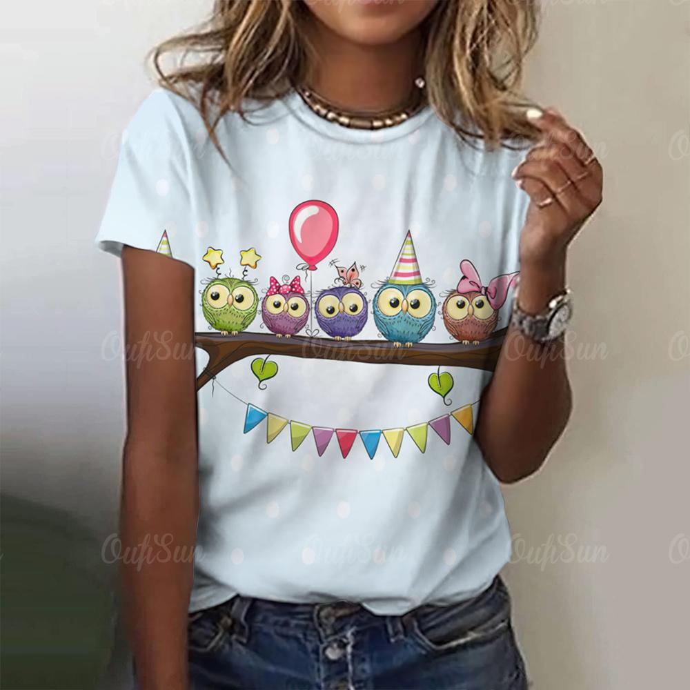 Maglietta da Donna con Grafica di Uccello Cartone Animato Estate Nuova Girocollo Pullover Femminile Ampia Street Maniche Corte T-shirt Moda Abbigliamento da Donna