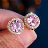 Cute Female Multicolor Pink Black Zircon Round Stone Stud Earrings Gold Color Wedding Jewelry For Women