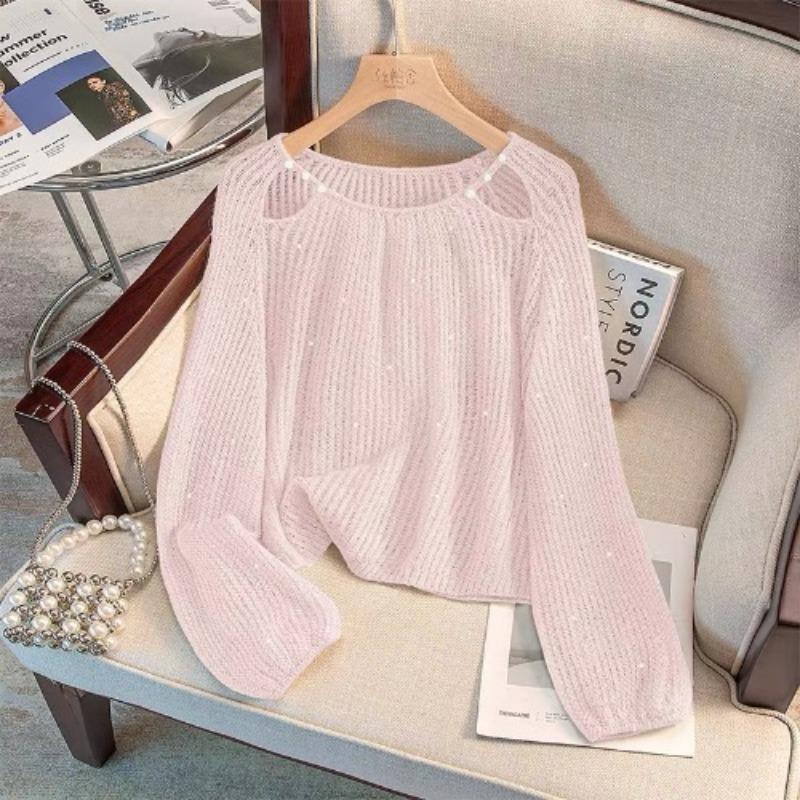 Large Size Crew Neck Knitted Sweater Thin Early Autumn New Women's Clothing Loose Sweet Hollow Top Long Sleeves