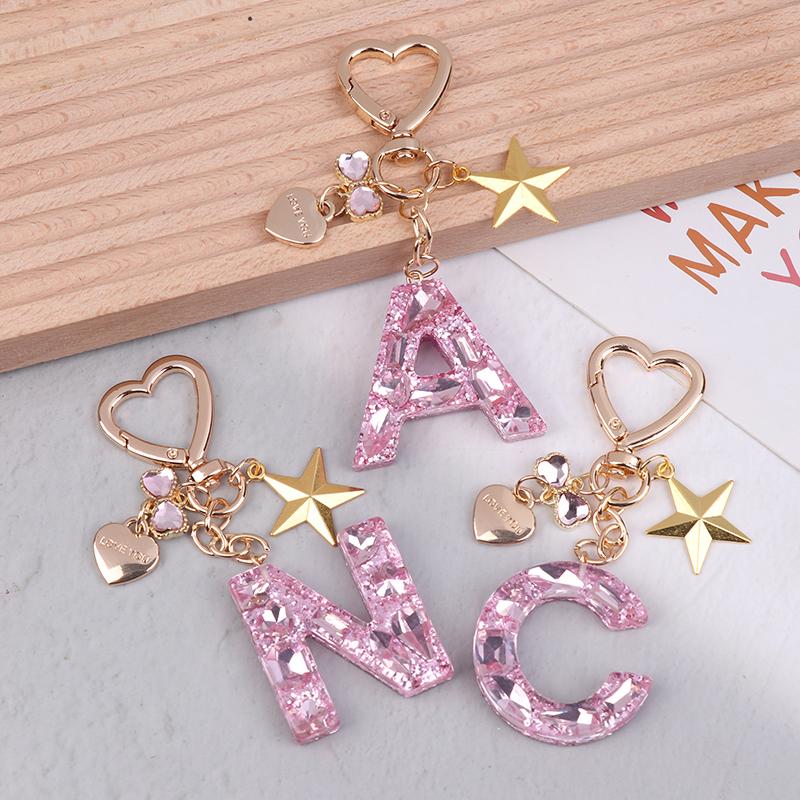 Cute  Bling Keychain A To Z Initial Letter Love Heart Star Pink For Women Girls Bag Cup Pendant Key Chain Accessories