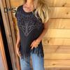 Women T-shirt Round Neck Short Sleeve Tee Shirt with Hot Rhinestones Printing Tassel Hem Solid Color Pullover Tops Daily Wear
