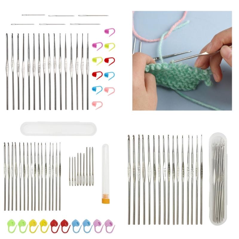 16/32/37Pcs Stainless Steel Crochet Hook Big Eye Knitting Needle Knitting Markers Set with Case for Crochet Hobbyist