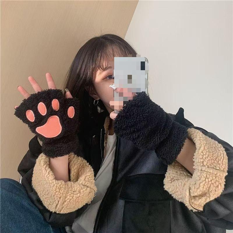 Half-finger Cat Claw Gloves Girl Winter Cute Warm Gloves Winter Plush Thickened Five-finger Plush Gloves
