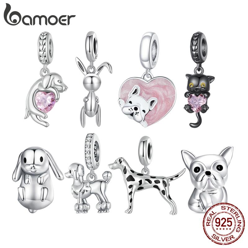 Bamoer 925 Silver Lovely Pet Series Poodle Hanging Bead Bulldog Charms for Women Bracelet and Necklace DIY Fine Jewelry