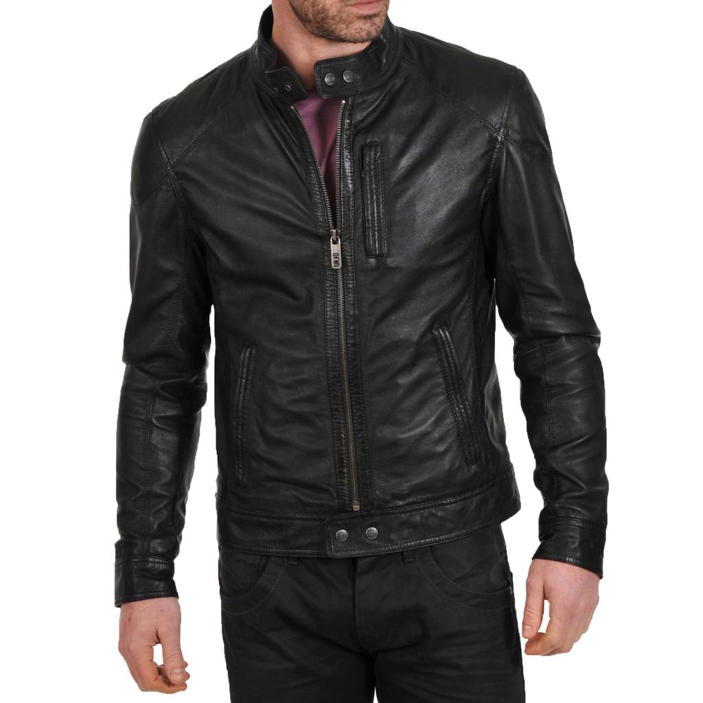 SkinOutfit Men's Genuine Lambskin Black Leather Jacket Stylish Motorcycle Bomber Biker Outerwear MJ 70