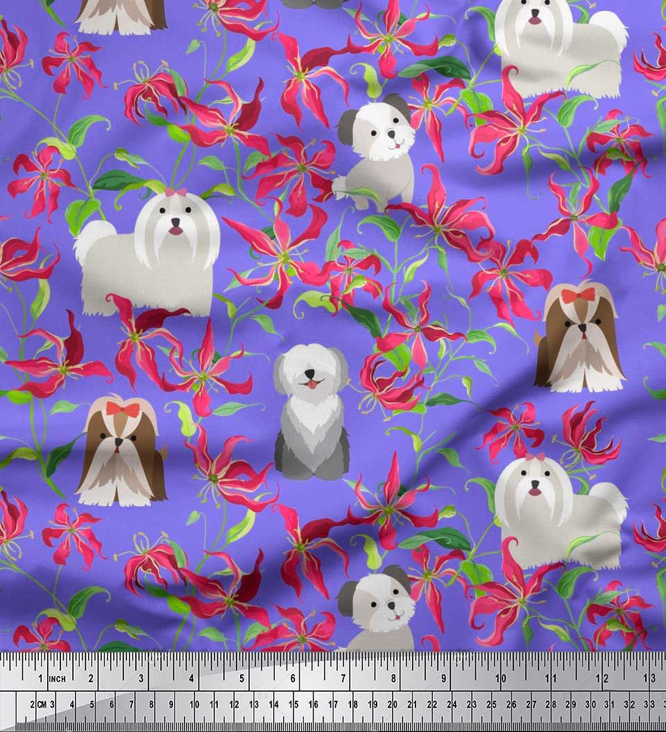 

Японська креп-сатин Soimoi Тканина з принтом із квітами, вівчаркою та собакою йоркширського тер’єра 1 метр 42 дюйма 42 Inch Wide - Poly Crepe фіолетовий