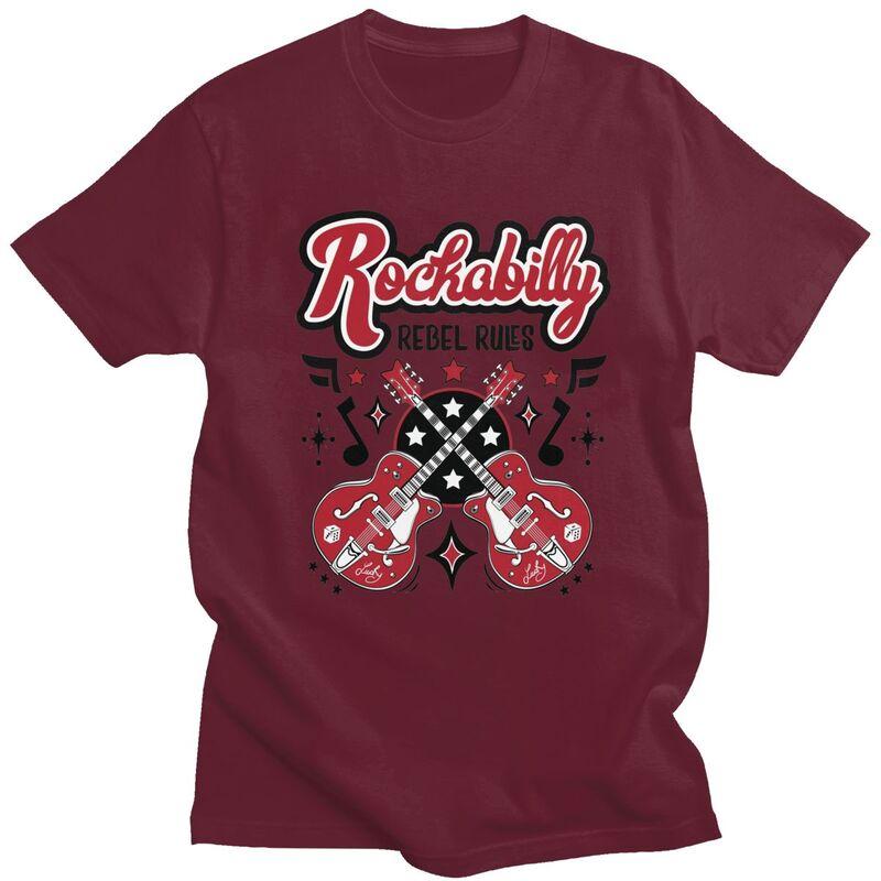 Custom Rockabilly Music Rock And Roll Guitar T Shirt for Men 100 Cotton Tees Short Sleeve Tshirt Slim Fit Clothing Gift