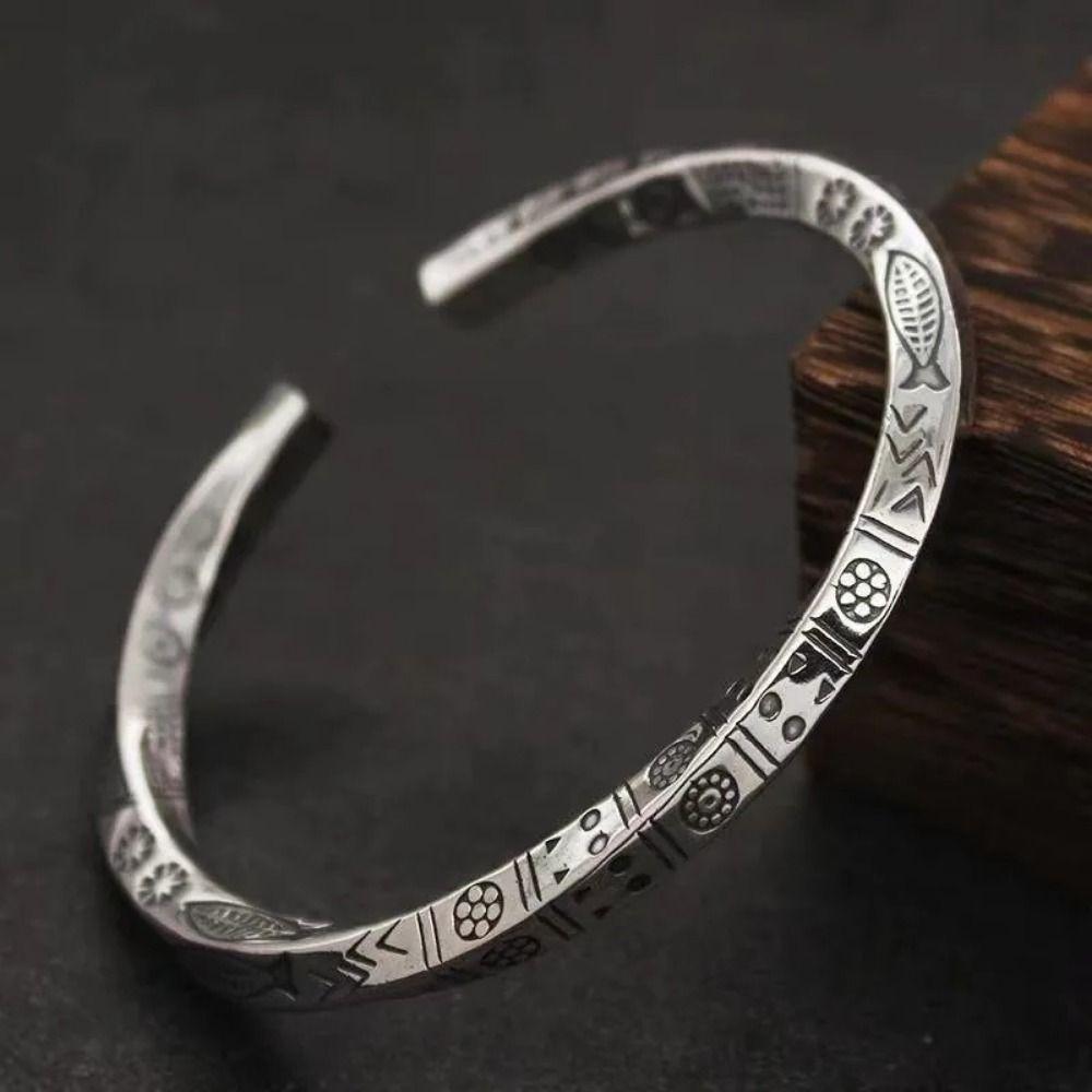 Adjustable Vintage Carved Totem Bracelet Opening Design Silver Color Fish Sleeve Bracelet  Unisex