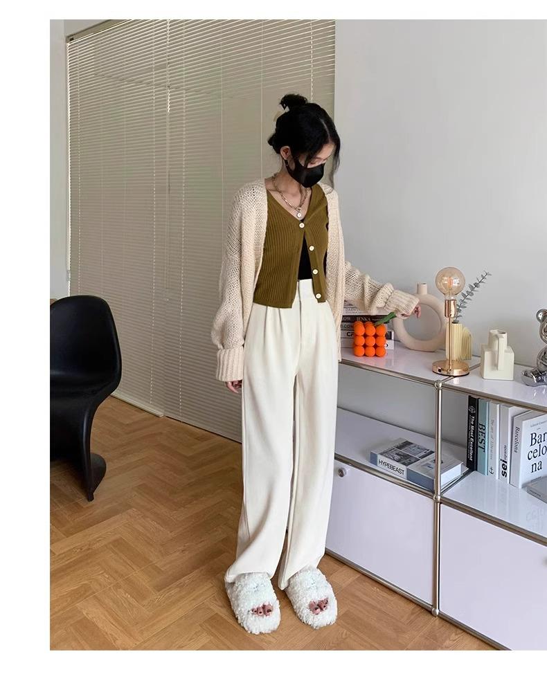 Petite Women's Black Fleece-Lined High-Waisted Wide-Leg Pants for Fall/Winter