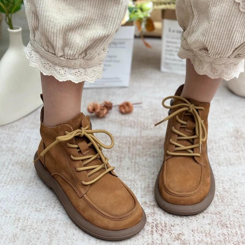 Fashion GKTINOO Retro Handmade Genuine Leather Plush Short Boots 2024 Winter New Round Toe Flat Bottom Side Zipper Warm Women's Shoes