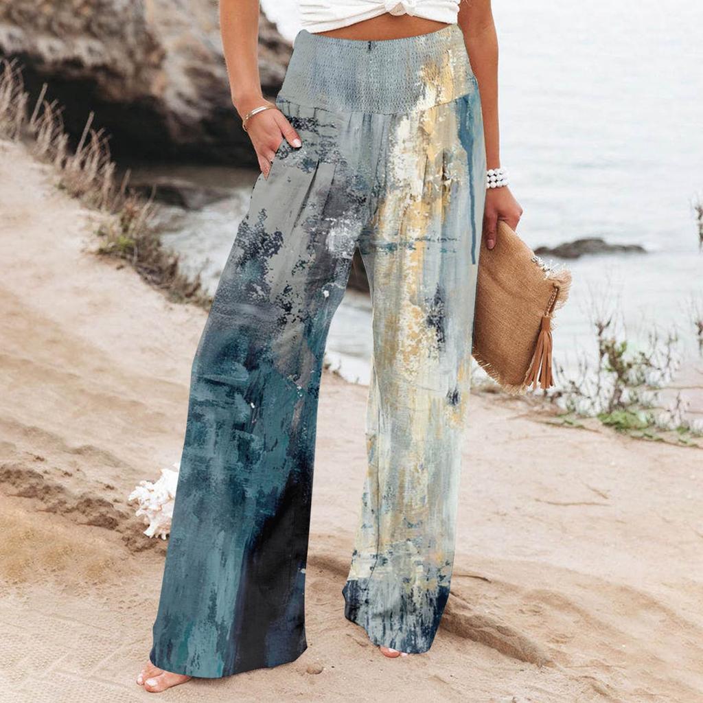 High Waisted Pants For Women Printed Stretchy Wide Leg Palazzo Pants Casual Comfy Beach Pants Trousers