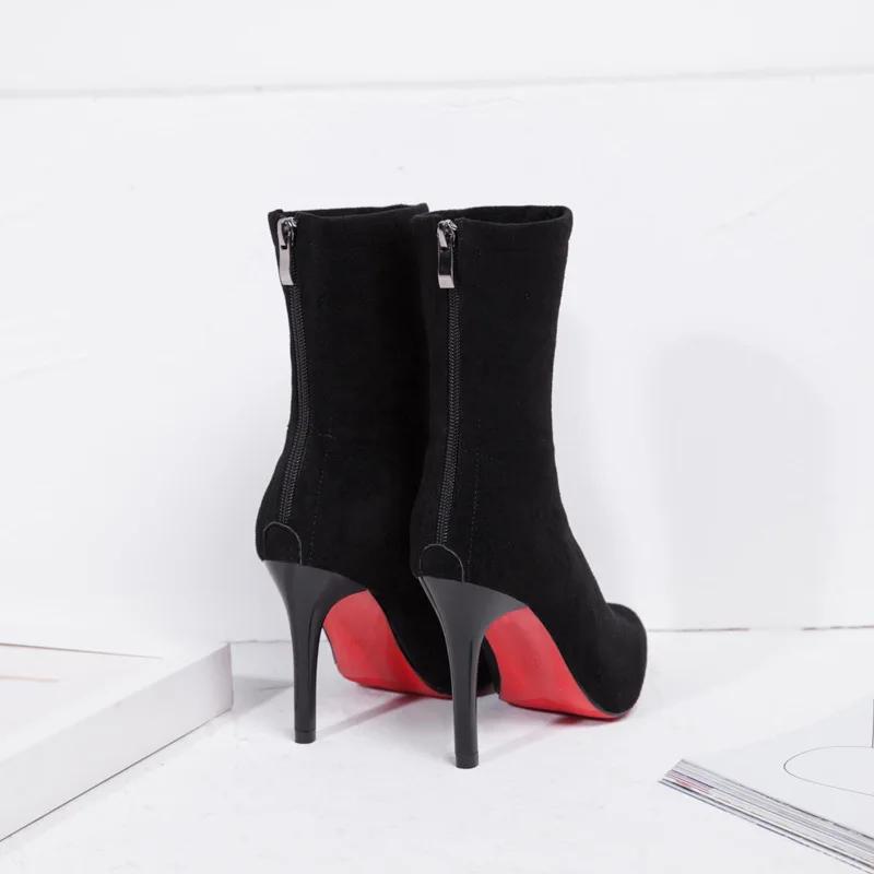 Fashion 2025New Women Sexy Boots Autumn Red Bottom Thin High Heels Pointed Toe Solid Black Suede Fashion Ankle Boots