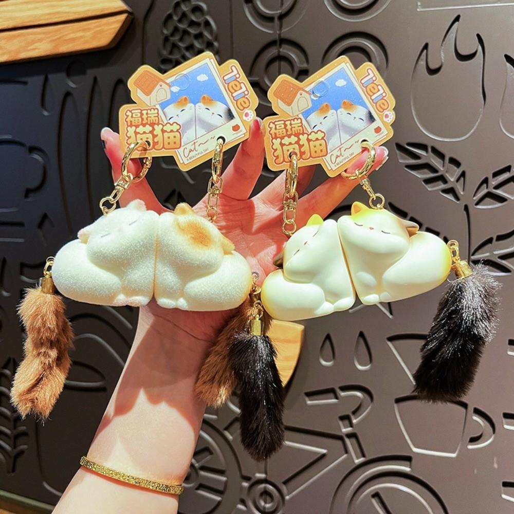 Pom Accessories Couple Cat Key Chain Cartoon Mink Fur Cat Keyring Long Tail Cat Pendant  Car Decor