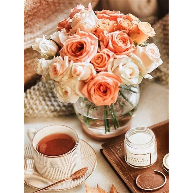 

5d Алмазная картина Кофейный пейзаж Комплект Полный Круглый Алмазная мозаика Цветочная вышивка Комплект на стене Художественный декор Full Round 20x30CM