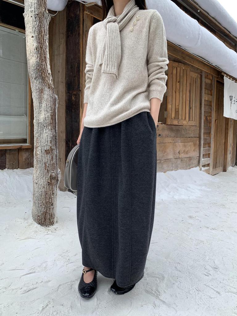 Qiumeng DT Étoile Soft Knit Midi Skirt: Women's High-Waist Slimming Drape (2025 Collection)