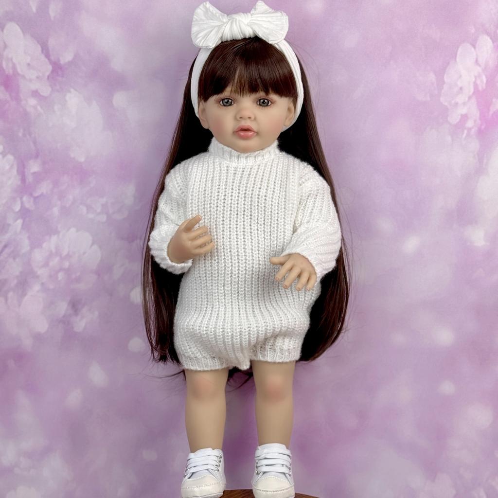 BZDOLL 55CM 22Inch Full Vinyl Body Reborn Baby Girl Doll Dress Up Brown Long Hair Princess Toddler Doll For Child Lovely Birthday Gift Handmade Toy