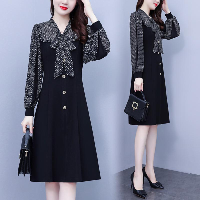 

2022 Autumn Floral Bow Splicing Slim Long Sleeve Mid-Length Dress for Women XL