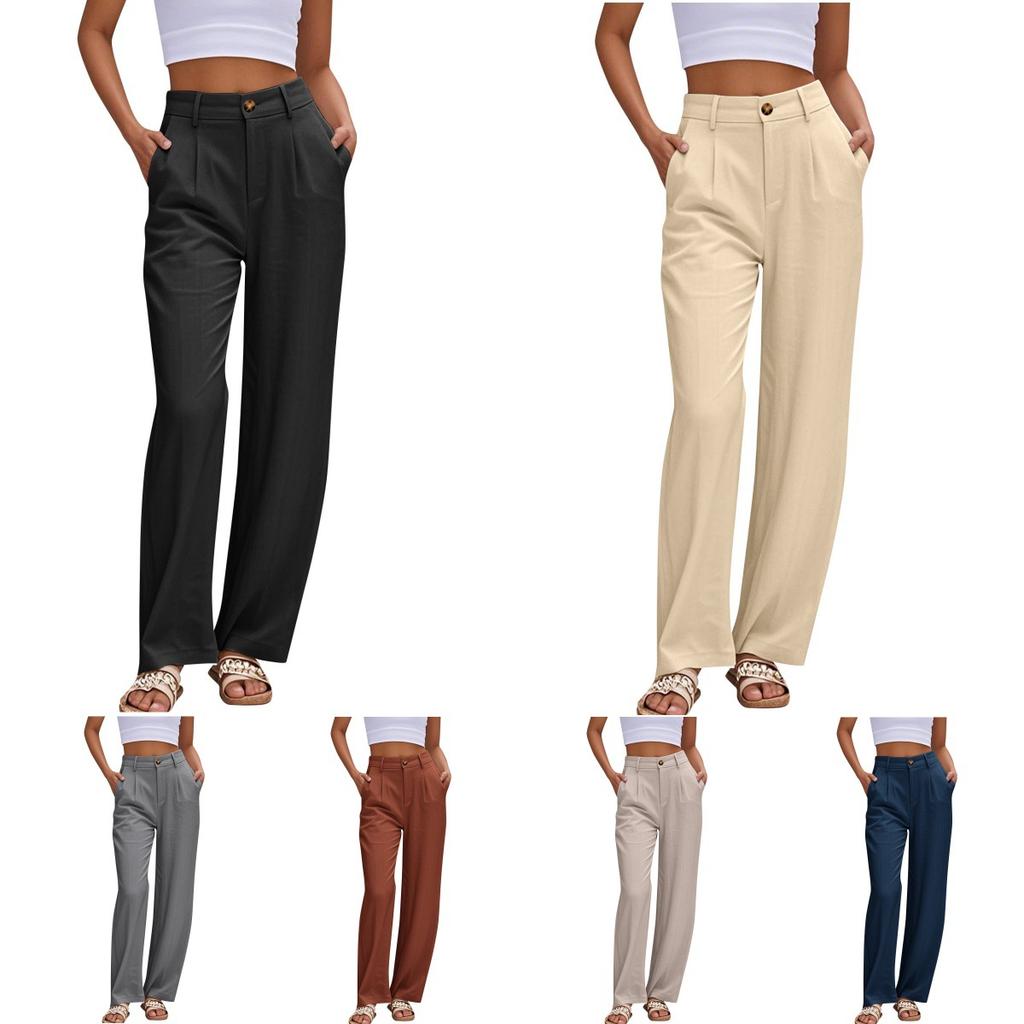 Women's Mid Rise Button Waist Wide Leg Pants Straight Leg Trousers Solid Color Office Casual Pants