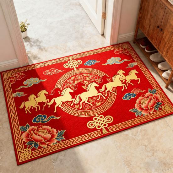 New Year Horse Doormat 2026 Year of The Horse Floor Mat Red Chinese Style Absorbent Anti-Slip Rug for Home Entrance Kitchen Spring Festival Decor