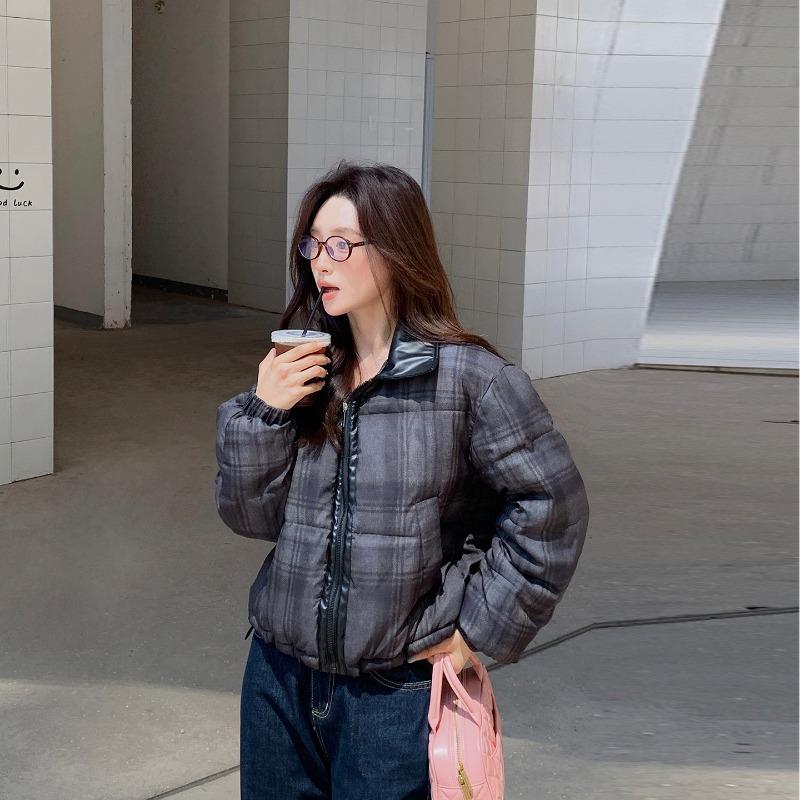 Winter new lapel casual fashion cotton coat women's contrasting color plaid bread clothes short splicing cotton clothes