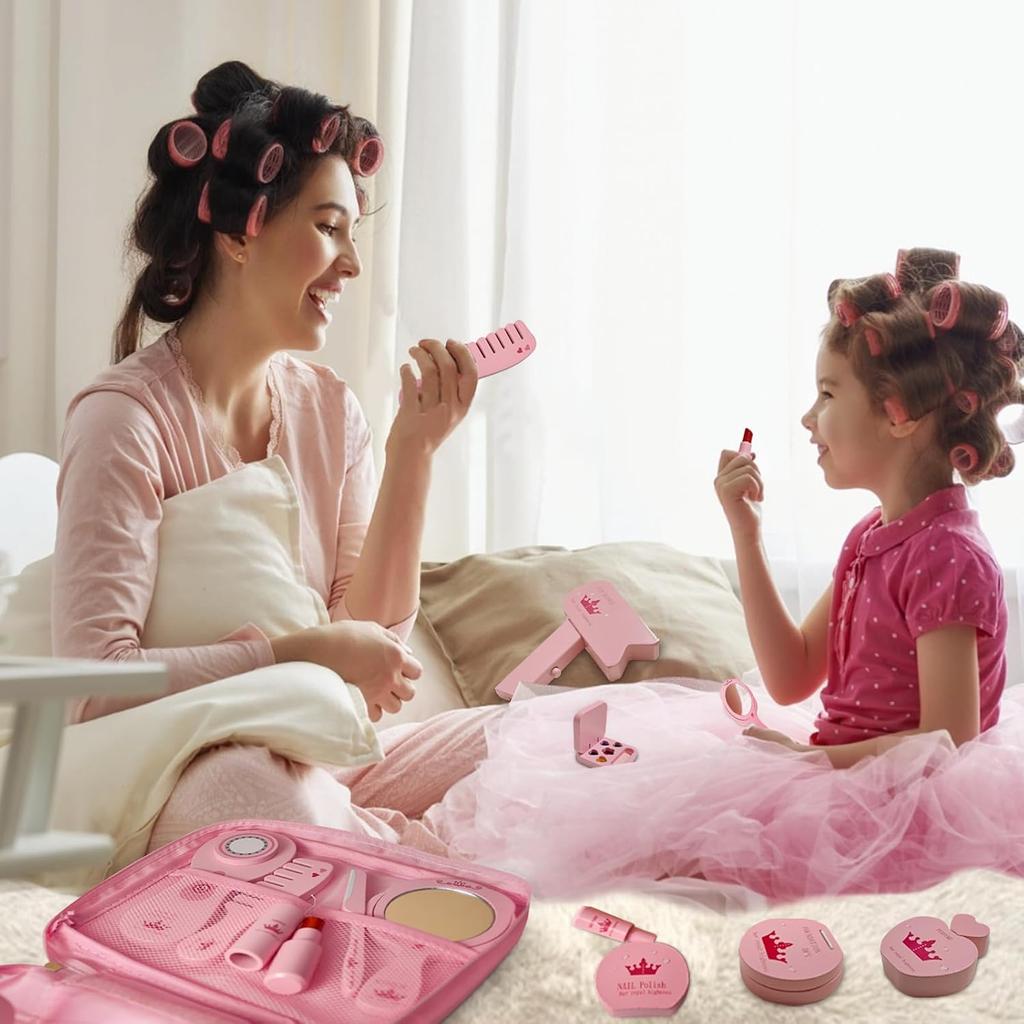 Simulation Cosmetics Set Toy Wooden Pretend Play Toy Kids Hair Beauty Makeup Set With Lipstick Nail Paint Travel Gift For Girls