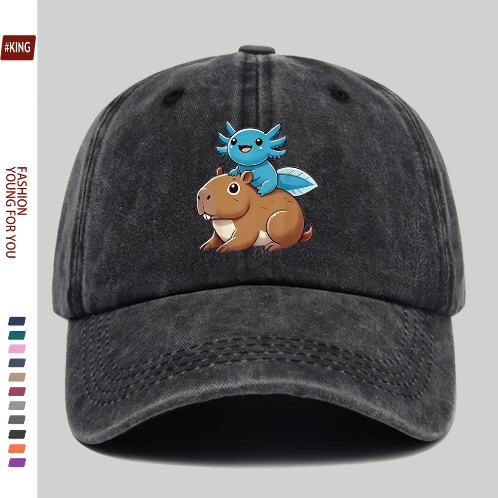 Axolotl Riding Capybara Baseball Cap Washed Cotton Adjustable Outdoor Sun Hat Unisex