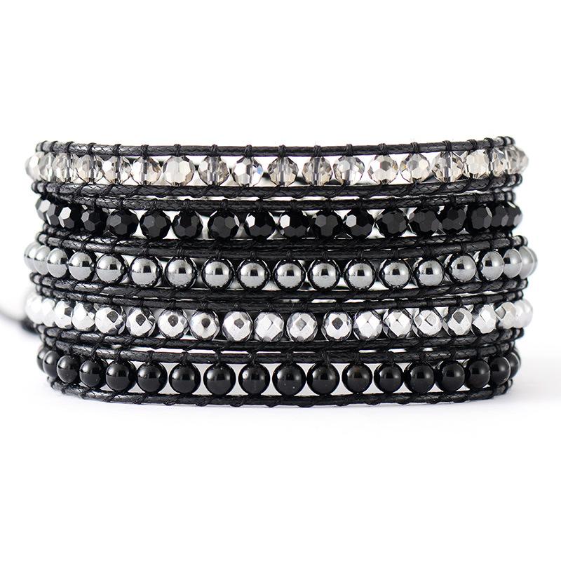 Bourbonmi Stone and Crystal Handmade Beaded Bracelet, European and American Retro Style, 5-strand Wrapped Woven Bangle, Friendship Jewelry.